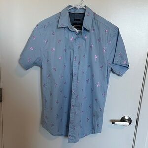 Short-Sleeve Slate Blue Button-Down Shirt with Pink Flamingo Print